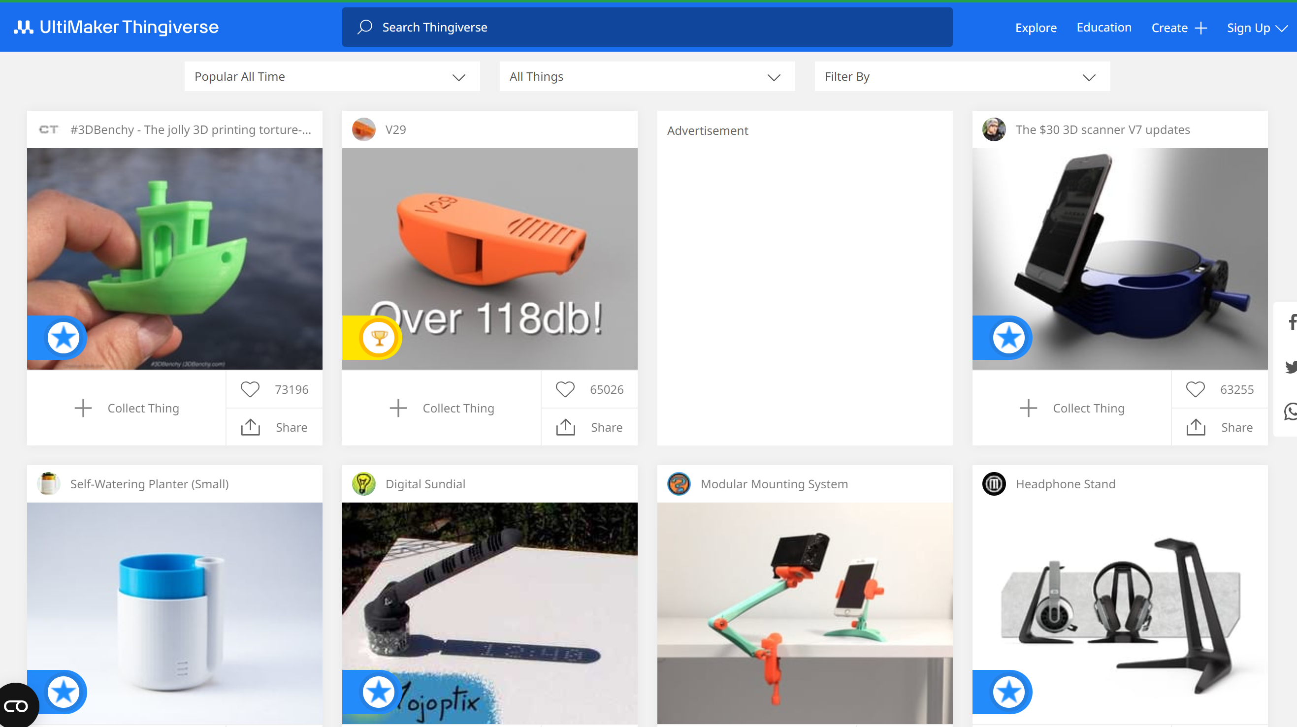 Captura de pantalla de Thingiverse
