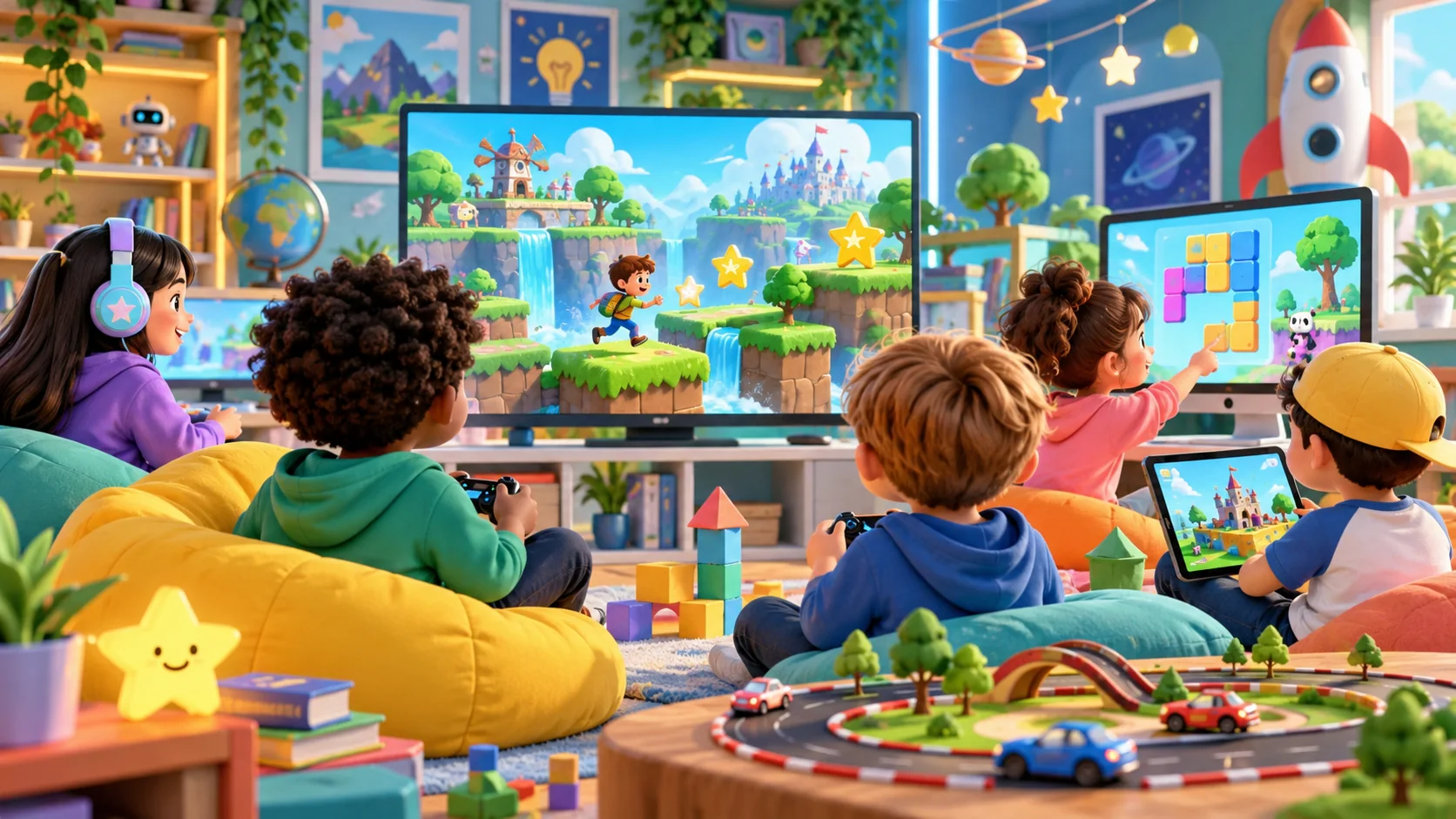 Niños disfrutando de videojuegos creativos y educativos